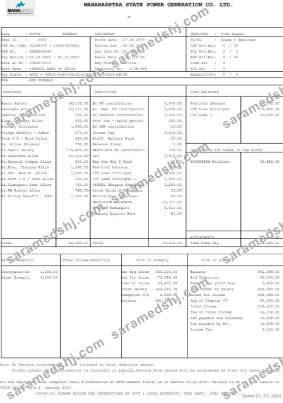 Maharashtara State Power generation Co. Paystub